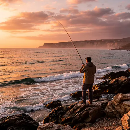 camping-famille-tarn-tente Realistic photo of a fisherman casting from a rocky shore at sunset, gentle waves, warm golden light, natural French coastline, no brand logos, calm atmosphere, high detail, wide composition