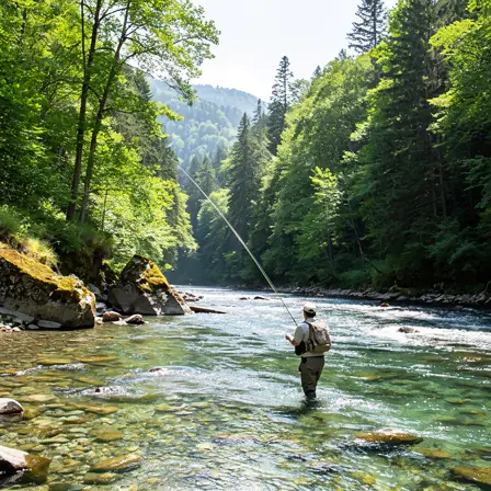 riviere-tarn-baignade-nature-camping Realistic photo of a clear river in a forest valley with an angler wading and casting, bright natural daylight, visible stones under water, peaceful nature scene in France, no branding, high detail