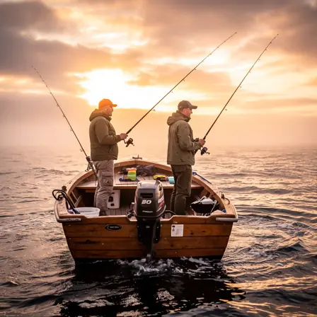 van-roadtrip-tarn-camping-nature Realistic photo of two anglers on a small boat at sunrise, open sea, rods ready, soft mist and warm light, authentic documentary style, no text, no branding, high detail