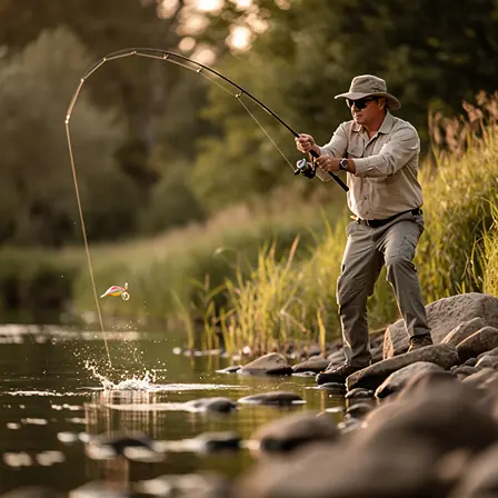 Realistic photo of an angler actively casting and retrieving a lure in a natural outdoor setting, focused posture, dynamic movement, warm sunlight, authentic fishing atmosphere, no logos, high detail