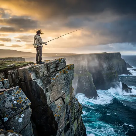 Realistic photo of an angler standing on high coastal cliffs overlooking the sea, dramatic sky, fishing rod in hand, rugged rocks, early morning light, cinematic landscape, no branding, high detail