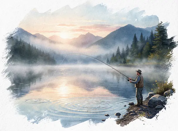 Watercolor-style illustration with brush-stroke frame: a calm mountain lake at sunrise with light mist, a lone fisherman casting from the shore, subtle reflections on water, natural colors, peaceful outdoors mood, no text, high detail