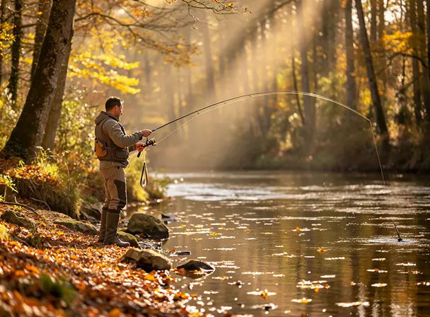 Realistic photo of an angler casting a rod on a forest river in autumn, warm sun rays through tall trees, golden leaves on the ground, shallow depth of field, natural French countryside, authentic documentary style, no text, no branding, high detail