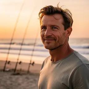 Realistic portrait of a man in his late 30s on a sandy beach at sunset, fishing rods in the background, natural light, relaxed expression, documentary style, no logos, high detail