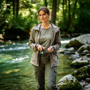 Realistic portrait of a woman in her 30s standing near a clear river in a forest, holding a fishing rod, natural light, calm and confident expression, documentary style, no text, high detail