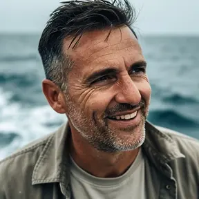 Realistic headshot of a man in his early 40s on a small fishing boat, sea in background, soft daylight, authentic outdoor atmosphere, friendly look, no branding, high detail