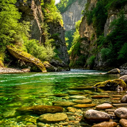 Realistic photo of a clear green river surrounded by rocky cliffs and trees, visible stones under water, peaceful natural setting, summer daylight, no people close-up, high detail, landscape format