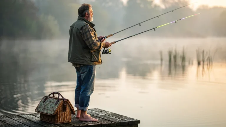 Angler comparing canne carpe classique et quiver-tip au bord du lac au lever du soleil, verdict final
