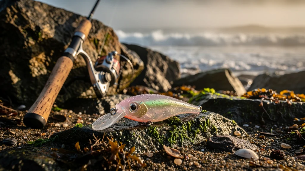Lure souple perdu sans son élastique après trois lancers à la roche sur un rivage rocheux détaillé