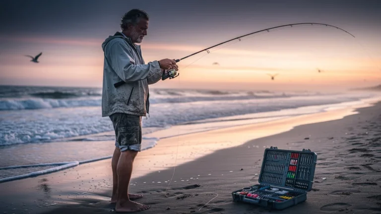 Pêcheur en surfcasting avec un bas de ligne fin sur plage au lever du soleil, matériel et ambiance réalistes