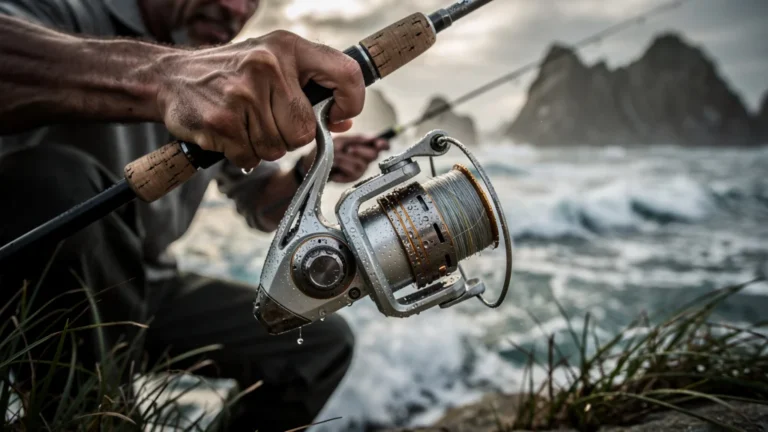 Pêcheur inspectant un moulinet qui grince en pleine marée, au bord de l'océan agité