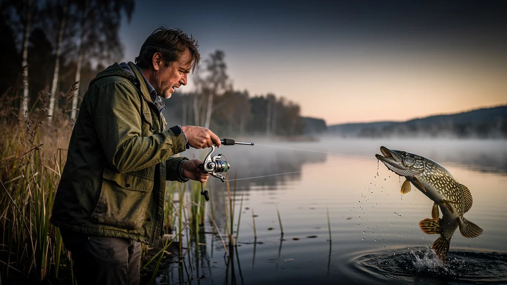 Pêcheur au bord d’un lac luttant avec un brochet, moulinet trop léger, ambiance matinale brumeuse