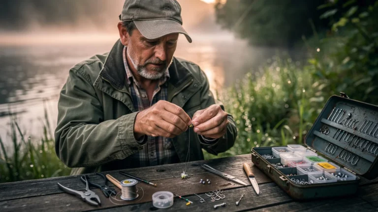 Pêcheur concentré réalisant un montage à vif en plein air au bord de l'eau après plusieurs sorties