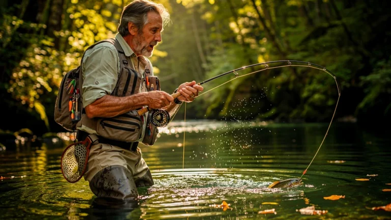 Moment hyper-réaliste d’un pêcheur en action après une morsure à contretemps modifiant son réflexe de ferrage
