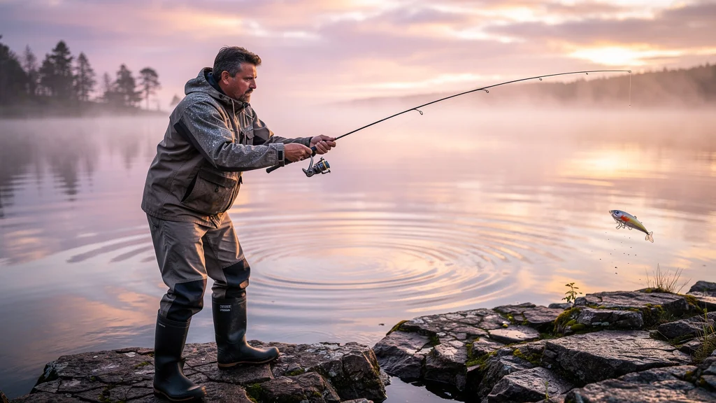 Angler casting a lightweight lure with precision au lever du jour sur une rive rocheuse