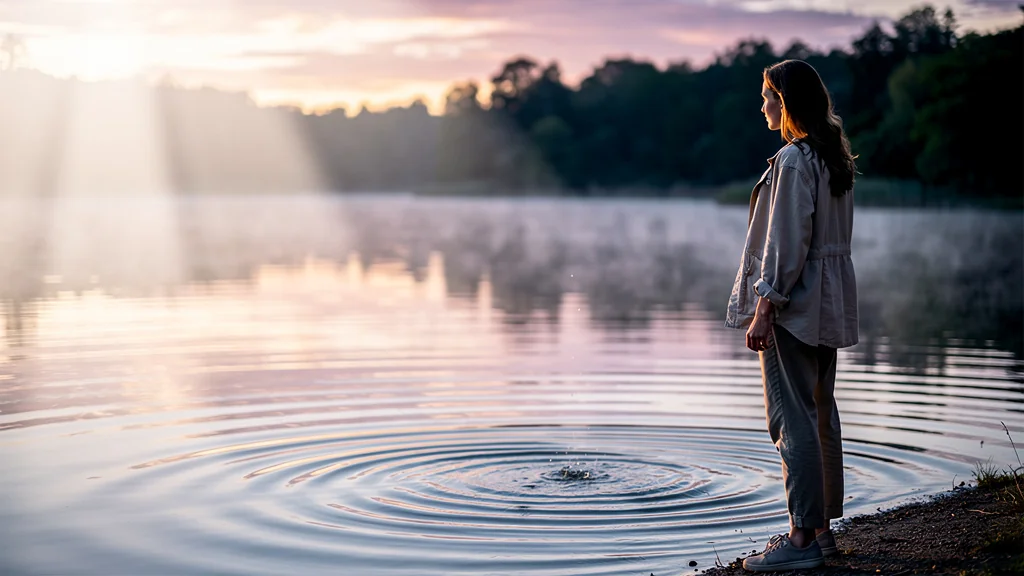 Femme observant attentivement les ondulations sur l'eau calme au lever du soleil, symbolisant la patience et la perception