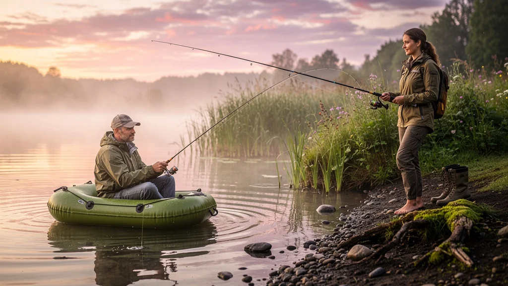 Pêcheur en float-tube et pêcheuse au bord d’étang sous un vent léger au lever du soleil
