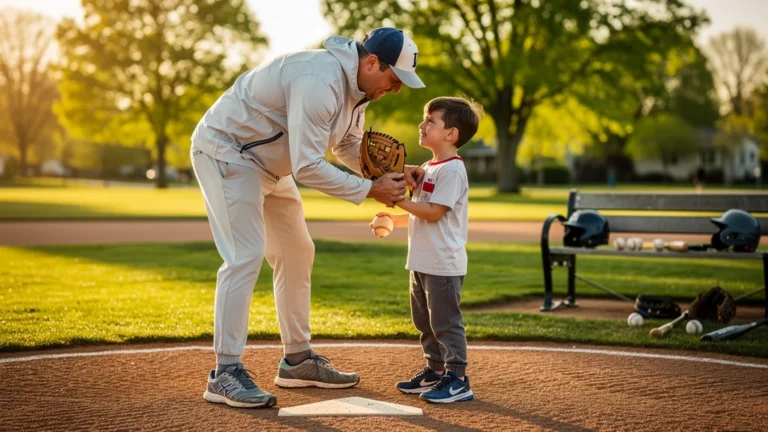 Père ajustant le lancer de son fils de 8 ans lors d'une séance d'initiation au baseball en plein air
