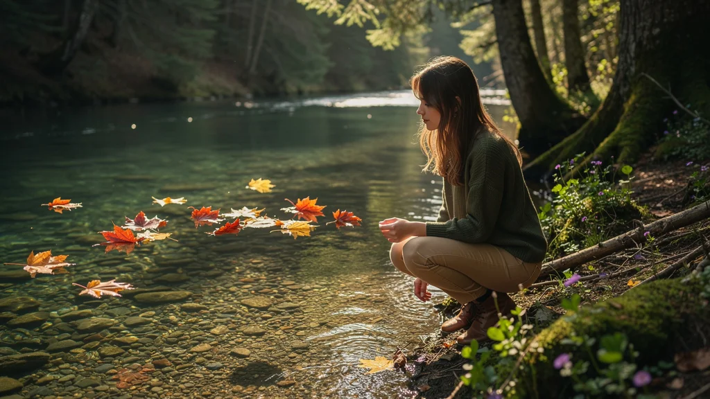 Flottement de feuilles d'automne sur une rivière claire, révélant une nouvelle lecture de l'eau
