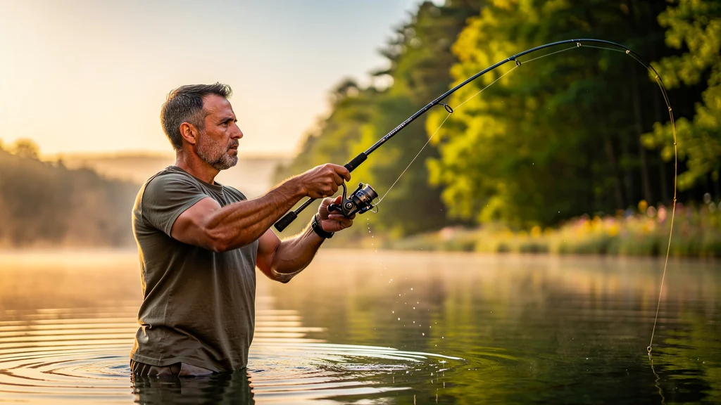 Homme pêchant avec une canne carbone 7 pieds à action rapide au lever du soleil sur un lac paisible