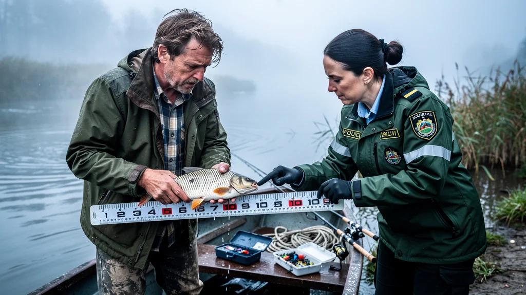 Homme pêchant un poisson trop petit contrôlé avec une réglette, amende de 135 euros au bord de la rivière