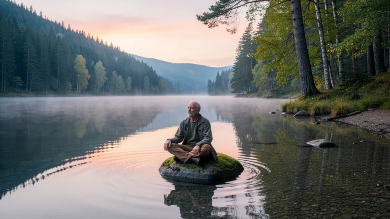 Matin silencieux au bord de l'eau illustrant la patience dans un paysage naturel paisible