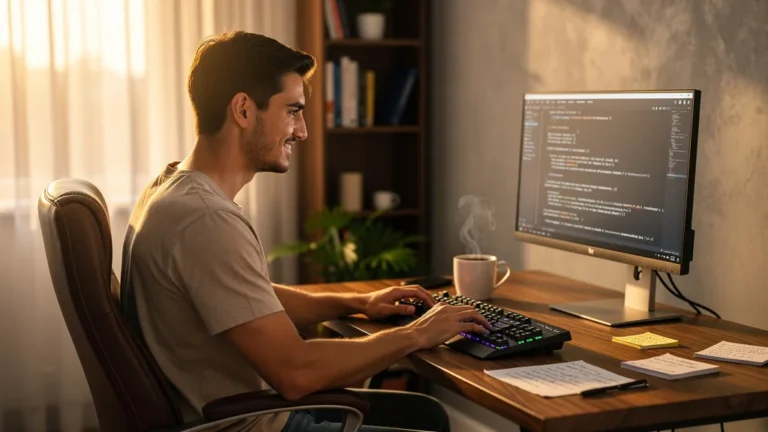 Homme testant un détecteur de touches silencieux dans un bureau moderne, révélant son impact sur la patience