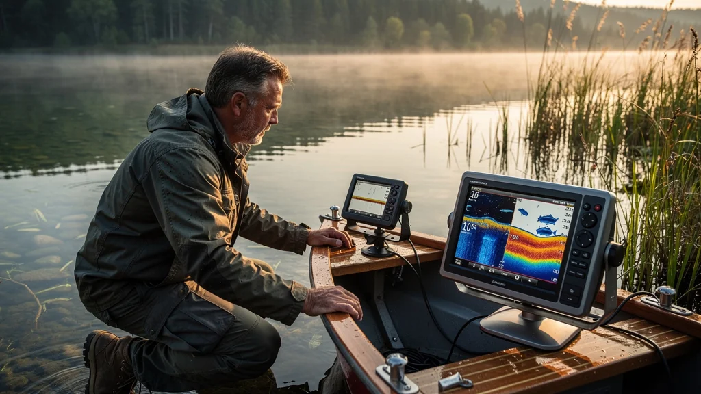 Homme testant un sondeur Garmin avec décalage surprenant en basse profondeur sur un lac calme au lever du jour