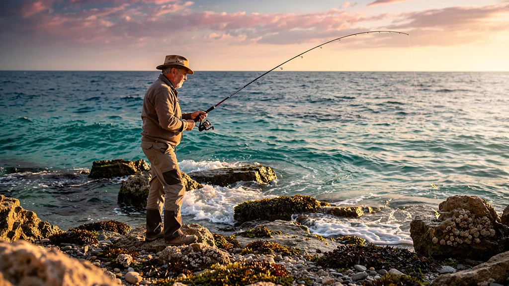 Pêcheur en bord de mer traquant la dorade royale sans touche, paysage méditerranéen au lever du jour