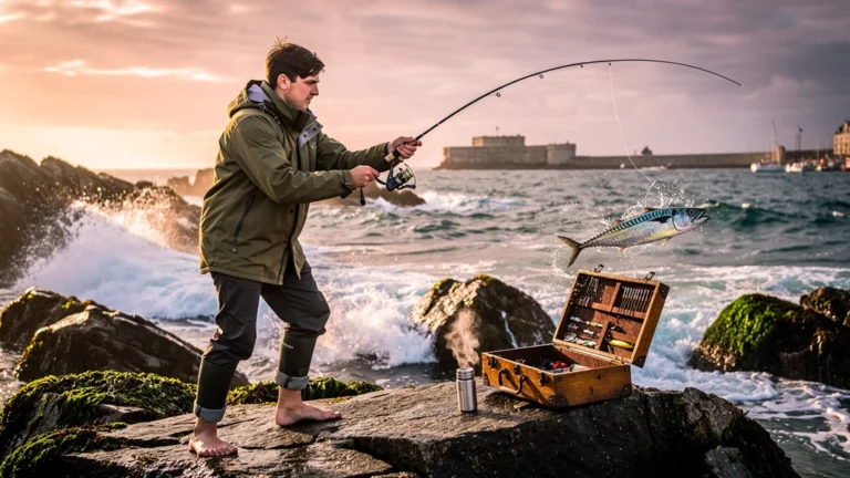 Première session de pêche au maquereau du bord à Saint-Malo sur côte rocheuse au lever du soleil