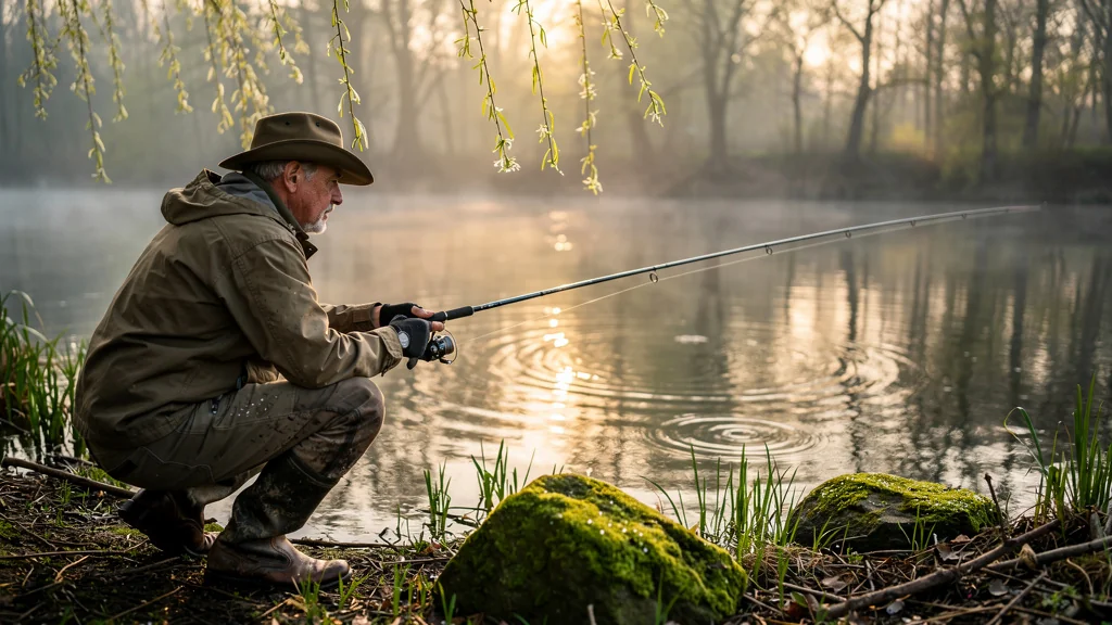 Pêcheur concentré au bord d'une rivière au printemps, capturant l'essence de la période de fraie du brochet