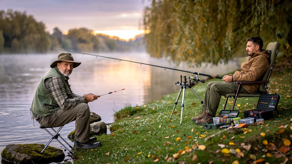 Comparaison photo réaliste pêche au coup et pêche à la carpe en eau douce au bord du fleuve