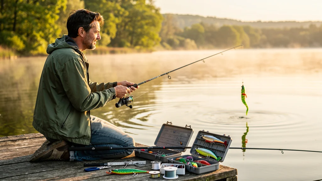 Pêcheur utilisant un montage wacky au lever du jour, comparant leurres souples et durs au bord d’un lac calme