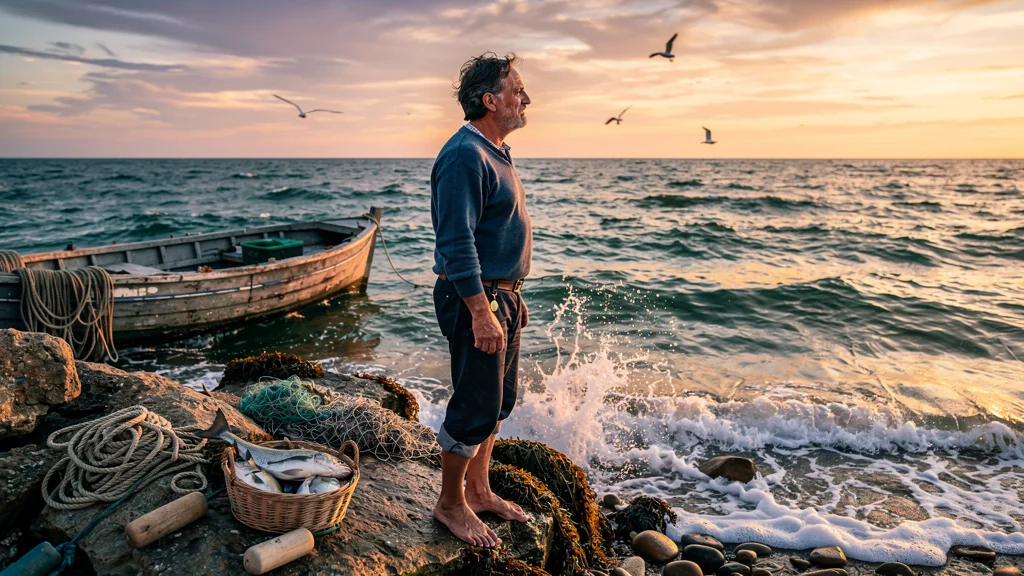 Fisherman calm transformed by soothing marine breeze apaisant la pêche en marée montante