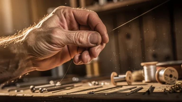 Main d'artisan tenant un fil fin et tendu, capturant la tension microscopique avec précision et finesse