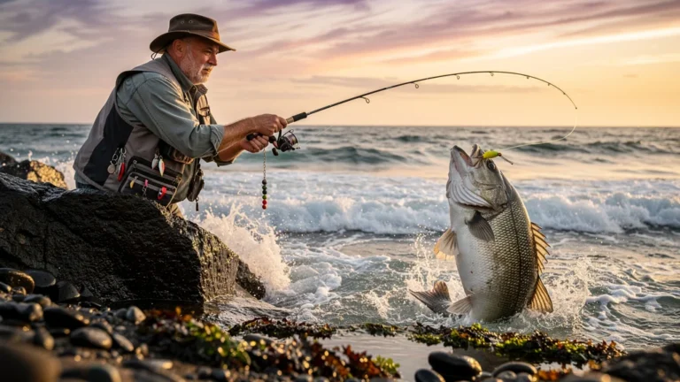 Pêcheur attrapant un gros bar avec montage anglais ou français en pleine action au bord de mer
