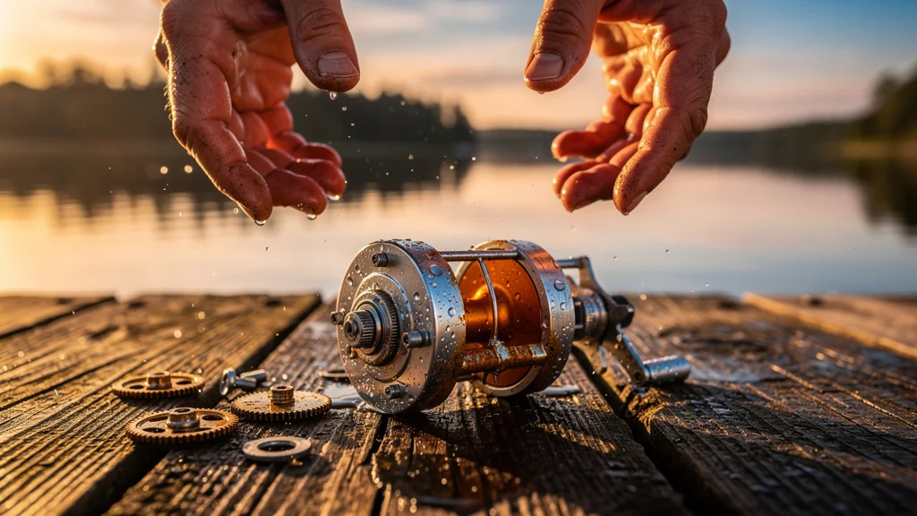 Photo réaliste d’un moulinet de pêche endommagé après nettoyage à l’eau du robinet, ambiance regret