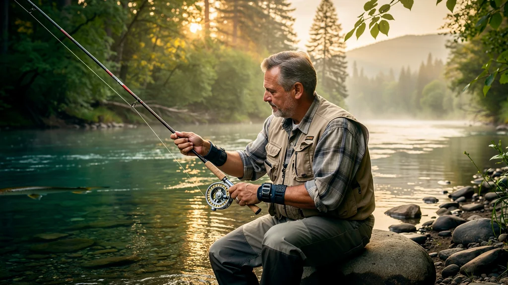 Homme pratiquant la pêche à la mouche après blessure au poignet au bord d’une rivière paisible au lever du jour