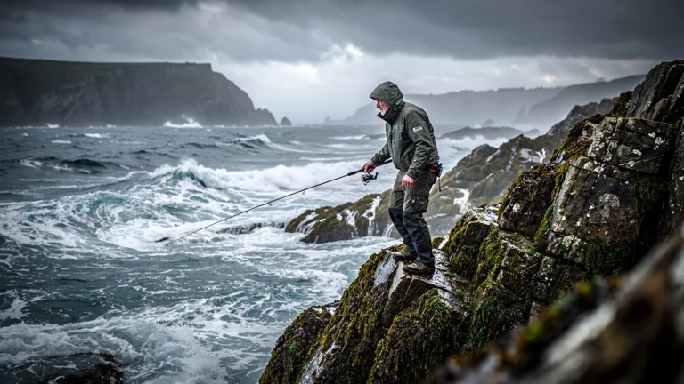 Pêcheur sur un rocher face à la marée montante en Bretagne, tension et paysage côtier réaliste