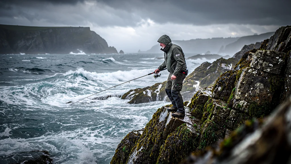 Pêcheur sur un rocher face à la marée montante en Bretagne, tension et paysage côtier réaliste