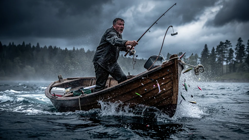 Bateau de pêche chavirant car ancrage non vérifié, pêcheur en danger sur eau agitée