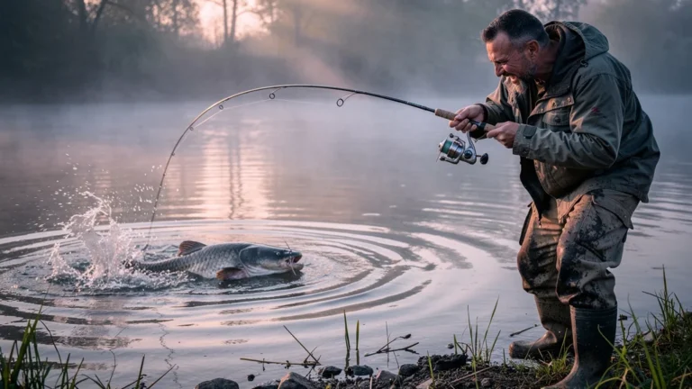 Angler struggling with a jammed ultra-light reel while battling a giant catfish on a misty riverbank at dawn