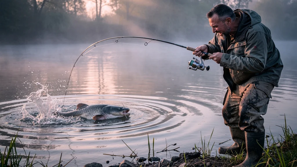 Angler struggling with a jammed ultra-light reel while battling a giant catfish on a misty riverbank at dawn