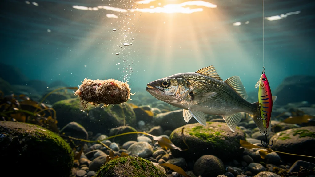 Lieu jaune choisissant un appât naturel fermenté en mer, illustrant la préférence aux leurres animés