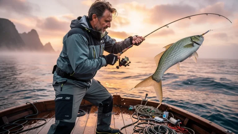 Pêcheur en mer utilisant un leurre souple pour bar, scène réaliste au lever du jour sur bateau côtier
