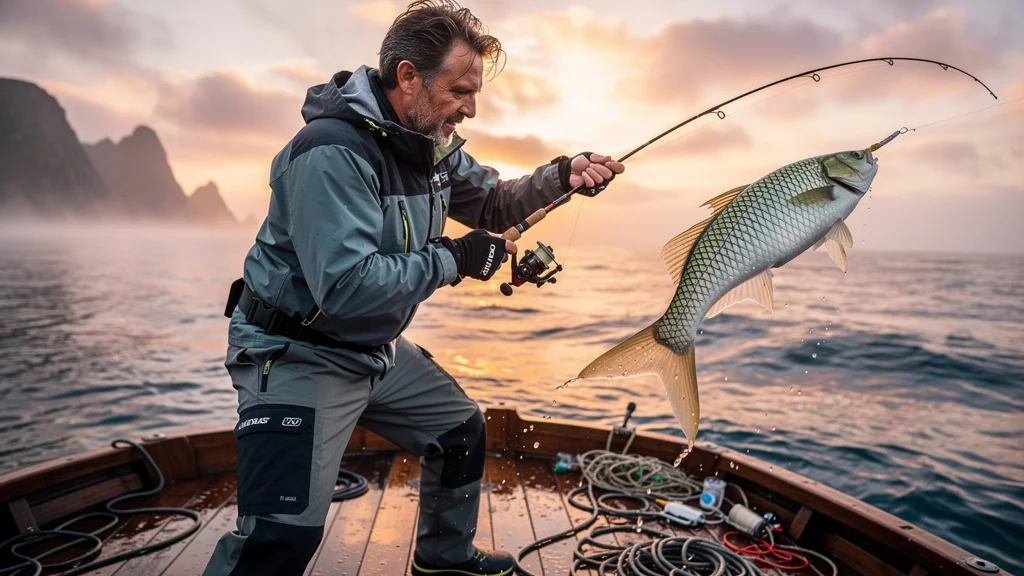 Pêcheur en mer utilisant un leurre souple pour bar, scène réaliste au lever du jour sur bateau côtier