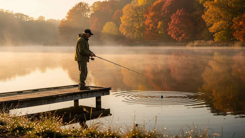 Pêcheur concentré observant le mouvement subtil du flotteur sur un lac calme au lever du jour