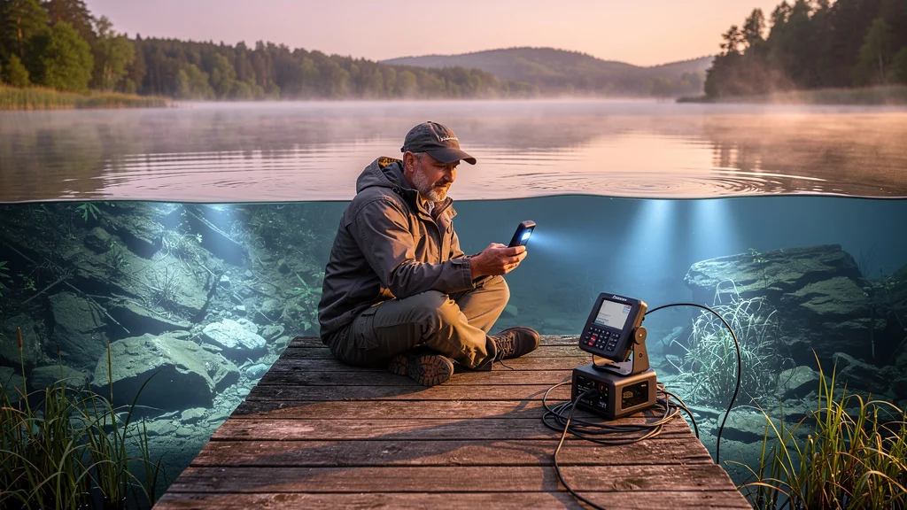 Comparaison sondeur portable Deeper et fixe au bord d’un lac avec reliefs sous-marins visibles