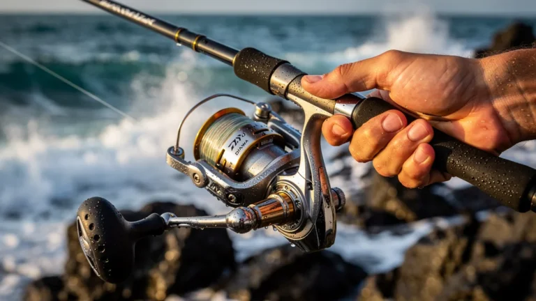 Test d’un moulinet Daiwa résistant à l’eau salée sur fond de mer avec détails ultra-réalistes