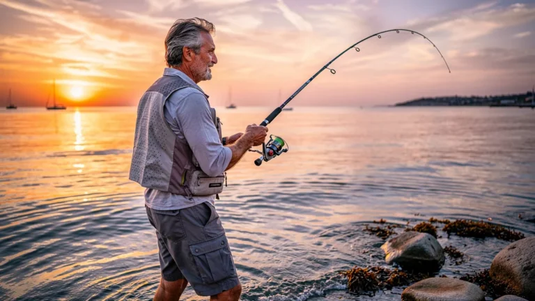 Homme testant une canne télescopique ultra-légère en mer au coucher du soleil, expérience après six mois